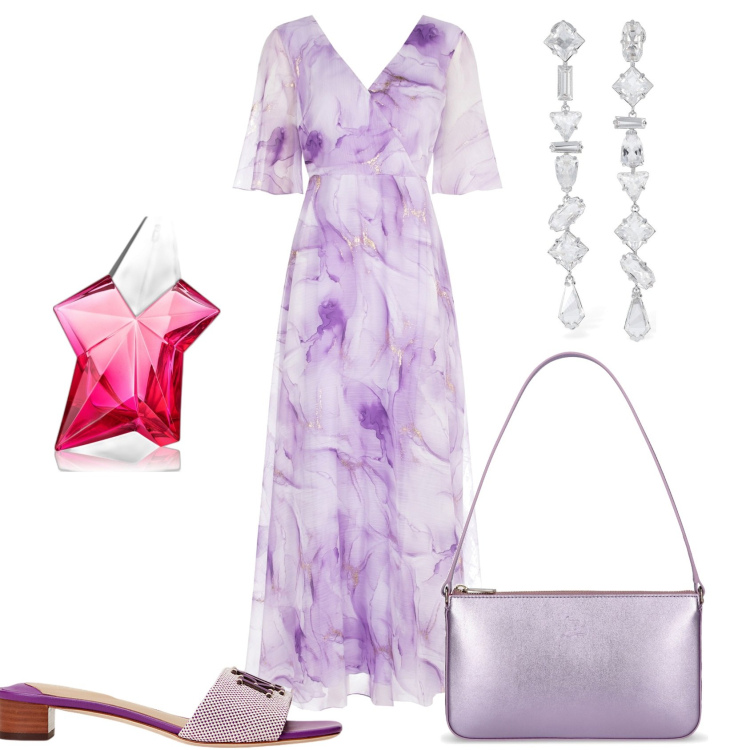 Outfit donna - Festeggiamenti per evento. Stile Glamour per Serata fuori. Abbinamento con profumi, vestiti lunghi, sandali col tacco, orecchini, borse a spalla.