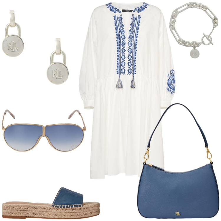 Outfit donna - Pranzo a casa del mare. Stile Glamour per Tutti i giorni. Abbinamento con braccialetti, orecchini, borse a tracolla, espadrillas, vestiti, occhiali da sole.