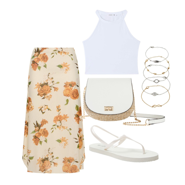 Outfit donna - Ghost outfitter - giugno. Stile Casual per Tutti i giorni. Abbinamento con braccialetti con ciondoli, borse a tracolla, sandali, canottiere, gonne longuette.