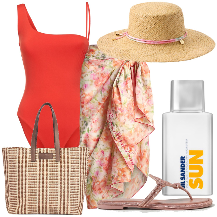 Outfit donna - Vamp. Stile Chic per Mare. Abbinamento con profumi, gonne, cappelli, infradito, shopping bag, costumi interi.