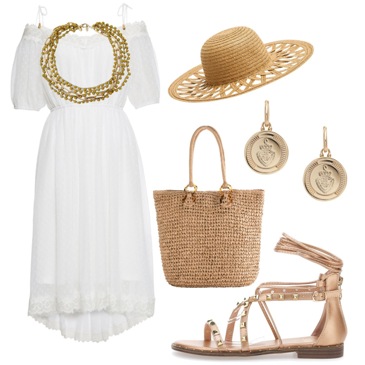 Outfit donna - Bianco, paglia, oro estate H 24. Stile Romantica per Tutti i giorni. Abbinamento con vestiti, shopping bag, cappelli, collane, orecchini, sandali alla schiava.