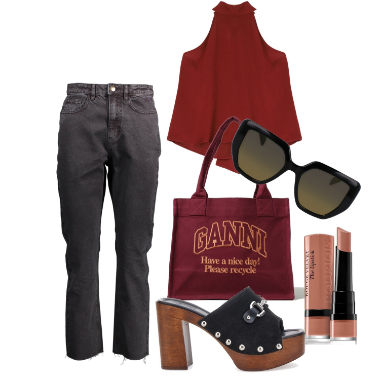Outfit donna - Ghost outfitter - giugno. Stile Trendy per Tutti i giorni. Abbinamento con rossetti, canottiere, jeans, borse tote, occhiali da sole, zoccoli.