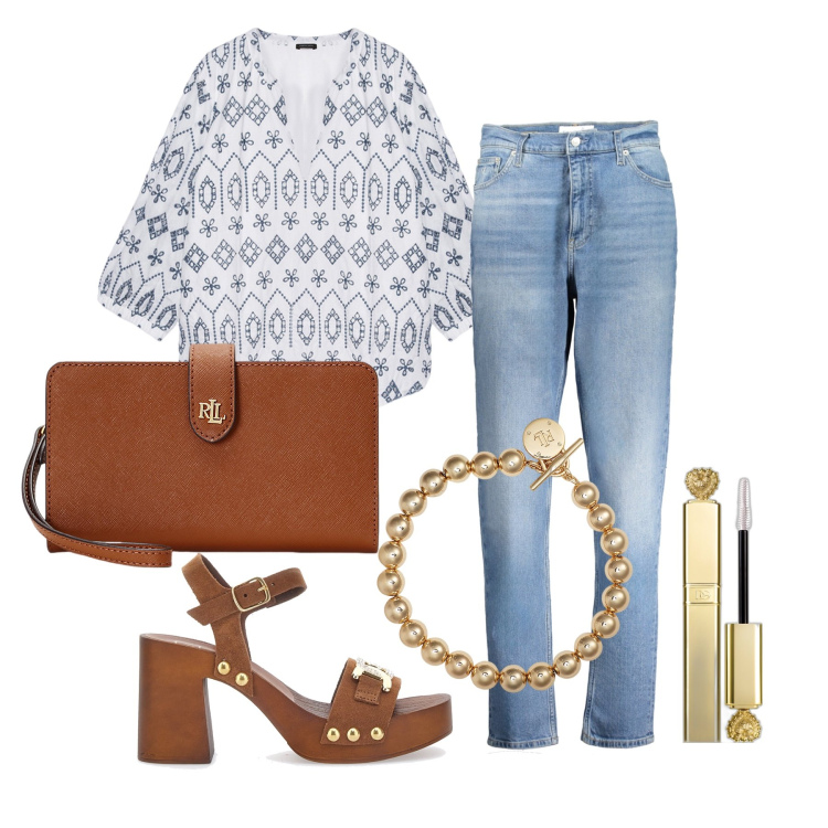 Outfit donna - Ghost outfitter - giugno. Stile Casual chic per Ufficio. Abbinamento con mascara, braccialetti, pochette, jeans mom, zoccoli, bluse.