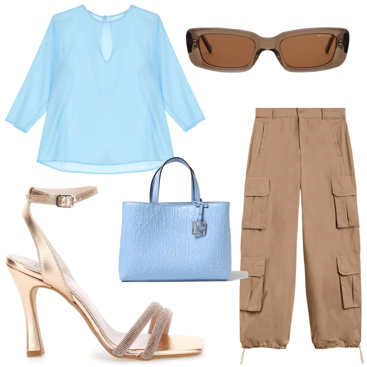 Outfit donna - Cargo marroni. Stile Casual per Tutti i giorni. look ideale per Petite. Abbinamento con bluse, pantaloni cargo, sandali col tacco, borse tote, occhiali da sole.