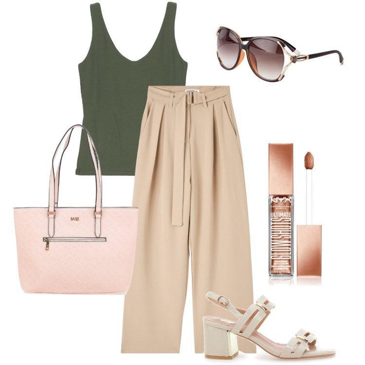 Outfit donna - Pronta per l’ufficio. Stile Bon Ton per Ufficio. Abbinamento con occhiali da sole, ombretti, pantaloni, canottiere, borse a spalla, sandali col tacco.
