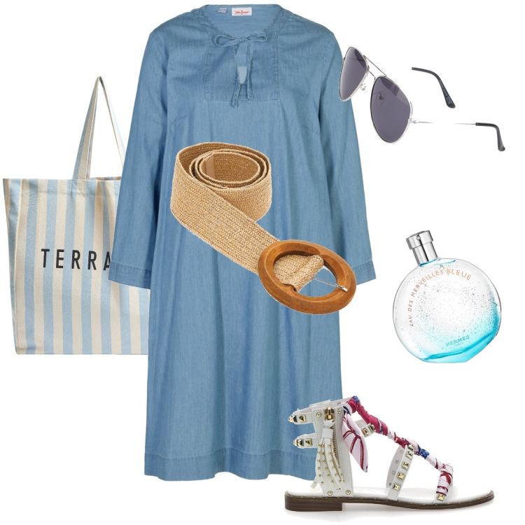 Outfit donna - L’abito in jeans. Stile Casual chic per Tutti i giorni. Abbinamento con vestiti, profumi, borse tote, sandali, occhiali da sole, cinture.