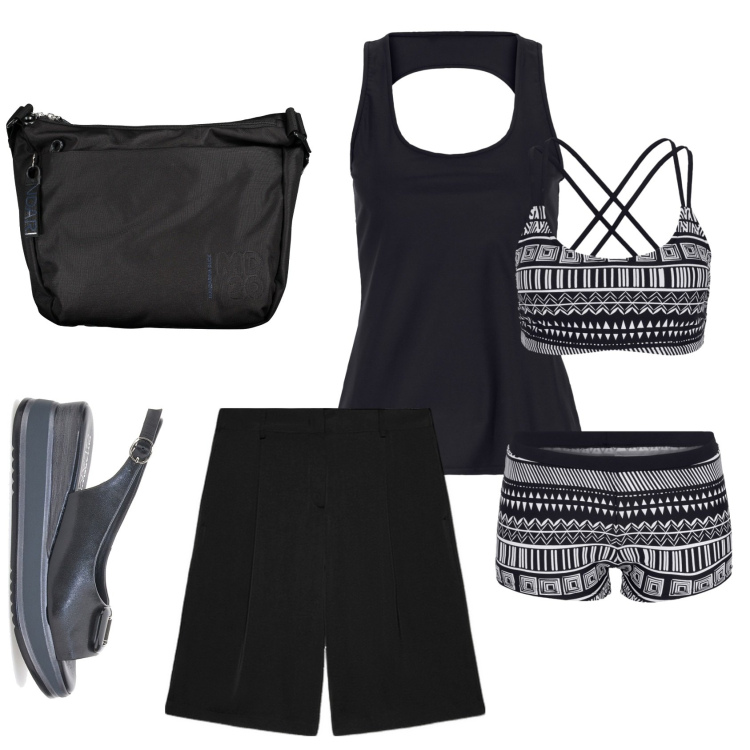 Outfit donna - Total look #1900216. Stile Casual per Mare. Abbinamento con costumi interi, sandali in pelle, borse a tracolla, bermuda.
