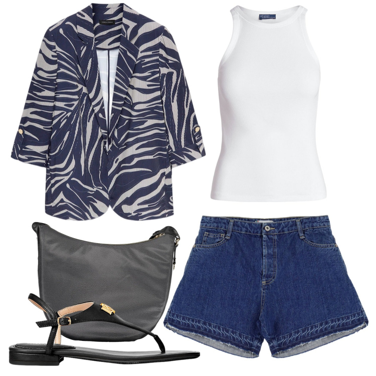 Outfit donna - Zebra blu. Stile Casual chic per Tutti i giorni. Abbinamento con pantaloni corti, canottiere, sandali in pelle, blazer, borse a tracolla.
