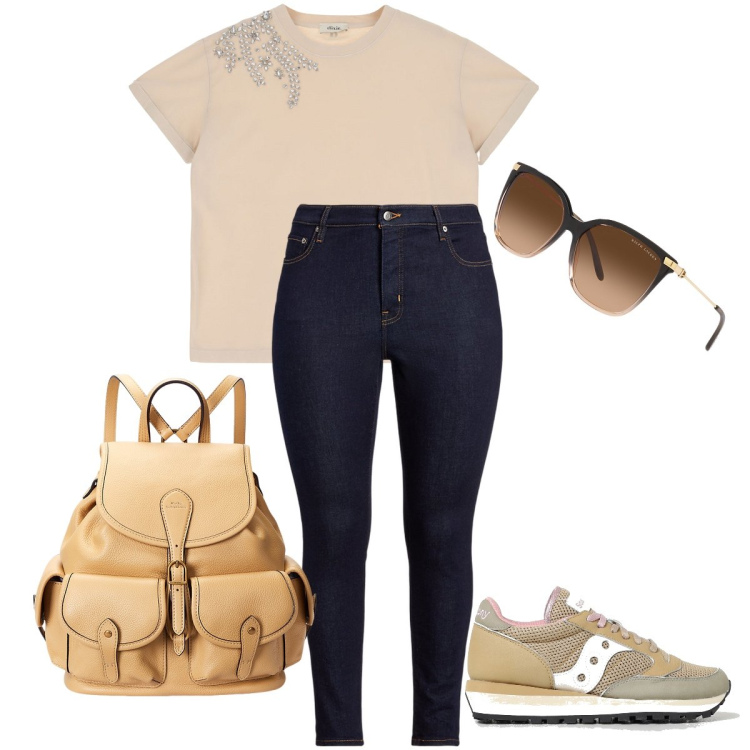 Outfit donna - Il jeans skinny. Stile Casual per Tutti i giorni. Abbinamento con t-shirt, occhiali da sole, jeans skinny, zaini, sneakers.
