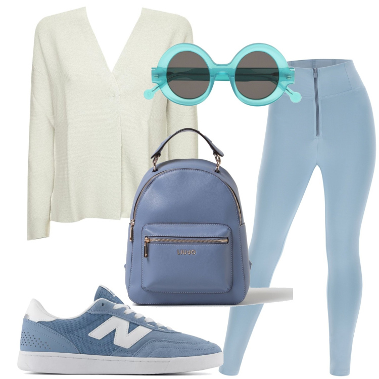 Outfit donna - Leggins azzurri. Stile Bon Ton per Sport. look ideale per Petite. Abbinamento con sneakers, pantaloni skinny, cardigans, zaini, occhiali da sole.
