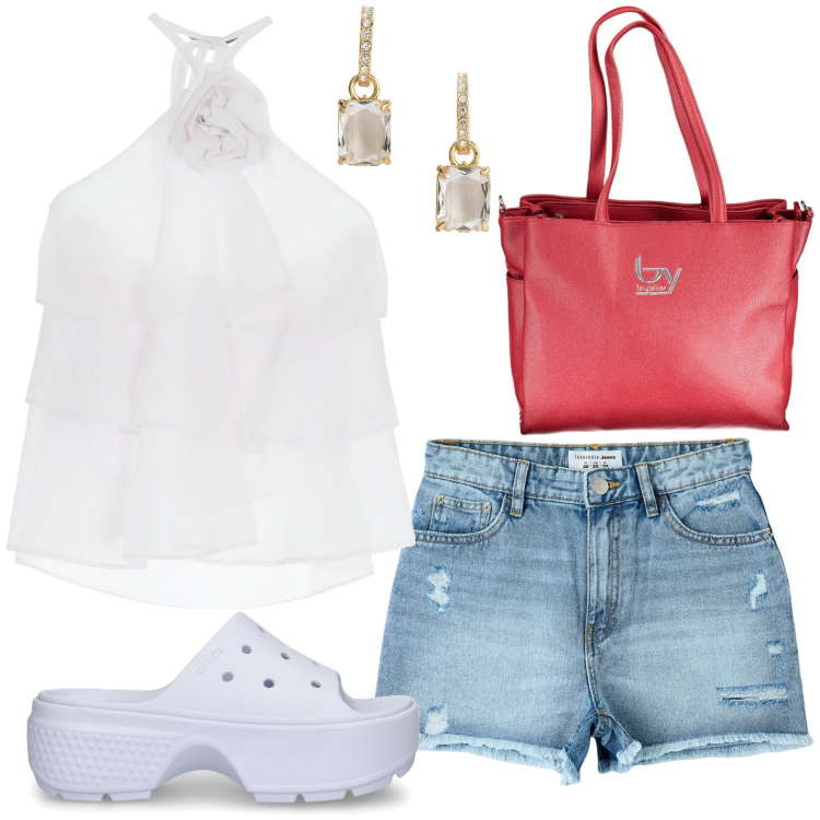 Outfit donna - Short. Stile Bon Ton per Tutti i giorni. look ideale per Petite. Abbinamento con shorts, top, orecchini, borse a spalla, ciabatte.