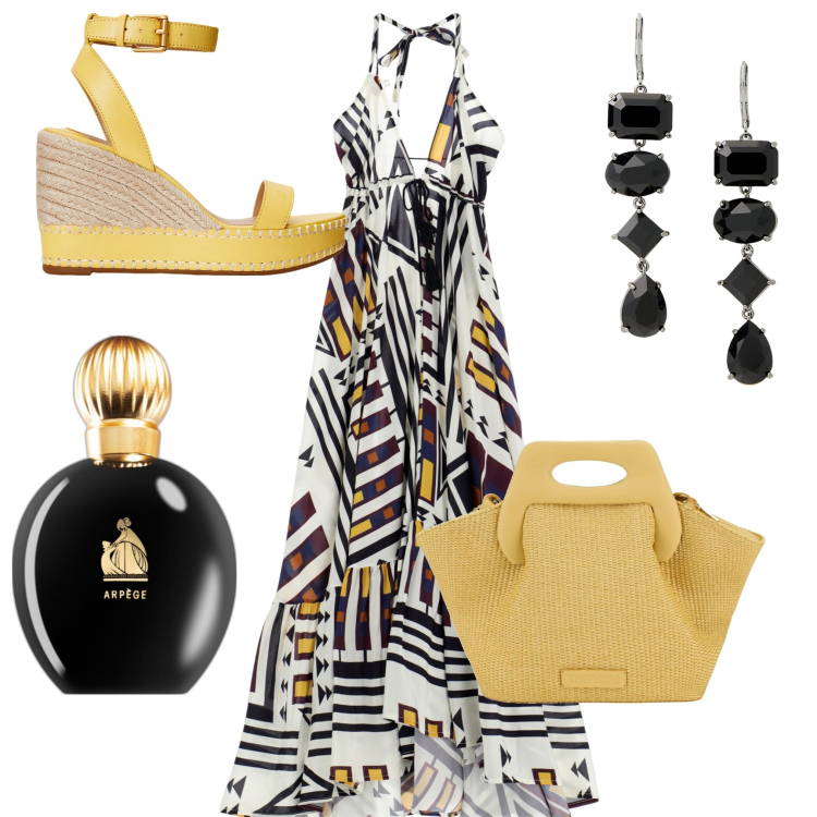 Outfit donna - In città. Stile Casual chic per Tutti i giorni. Abbinamento con profumi, vestiti lunghi, orecchini, espadrillas, borse a mano.