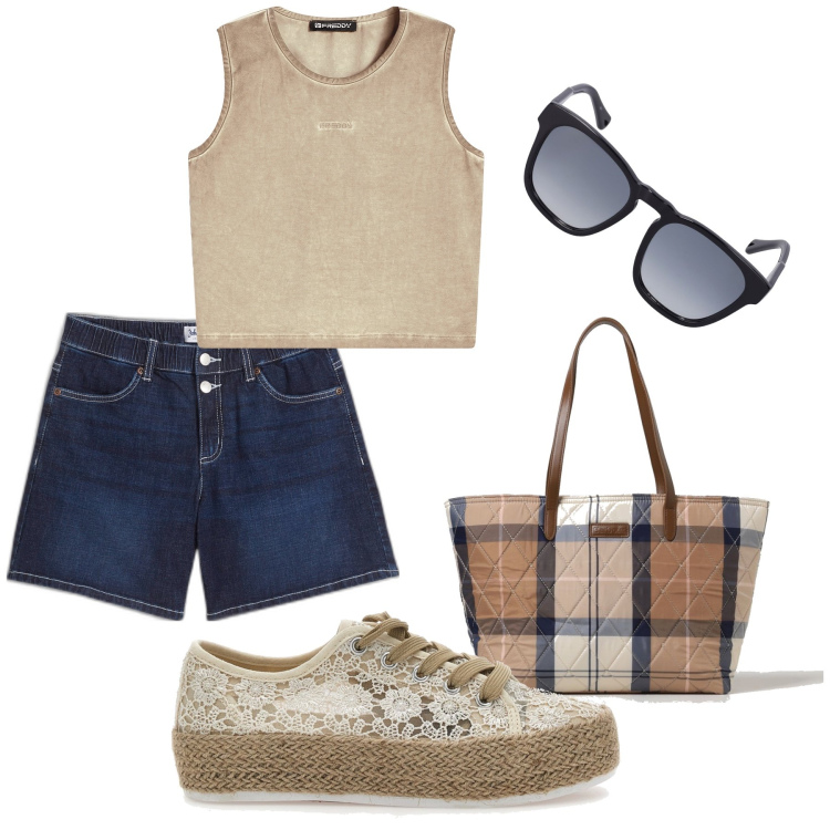 Outfit donna - La borsa che fa la differenza. Stile Basic per Tutti i giorni. Abbinamento con shorts, top, espadrillas, occhiali da sole, borse a spalla.