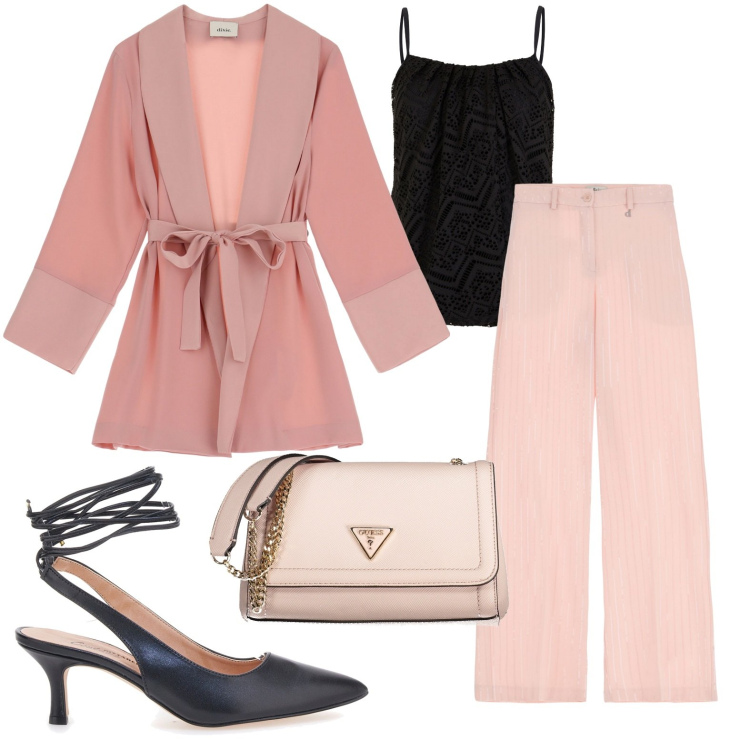 Outfit donna - La sera in rosa. Stile Casual chic per Tutti i giorni. look ideale per Petite. Abbinamento con top, blazer, pantaloni, décolleté, borse a spalla.