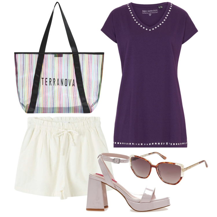 Outfit donna - Tacchi e shorts. Stile Sporty chic per Tutti i giorni. Abbinamento con maglieria, shorts, shopping bag, sandali col tacco, occhiali da sole.