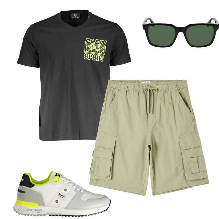 Outfit uomo - Total look #1900317. Stile Casual per Tutti i giorni. Abbinamento con pantaloni corti, t-shirt, sneakers, occhiali da sole.