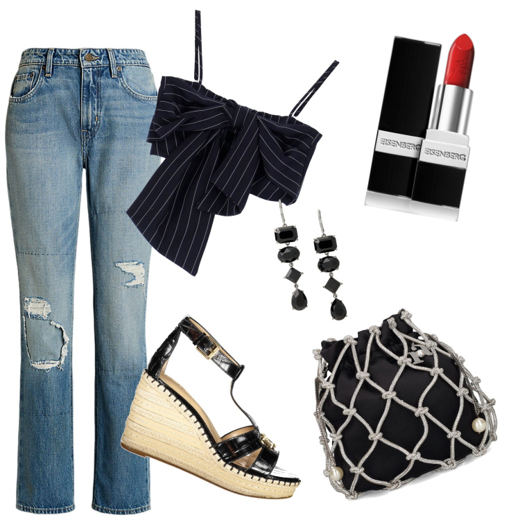 Outfit donna - Raffinata ma non troppo. Stile Casual Abbinamento con rossetti, top, orecchini, jeans dritti, pochette, sandali.