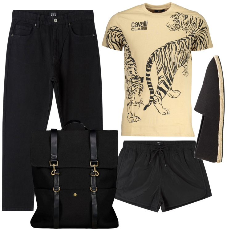Outfit uomo - Total look #1900331. Stile Trendy per Mare. Abbinamento con espadrillas, pantaloni, costumi, t-shirt, borse sportive.