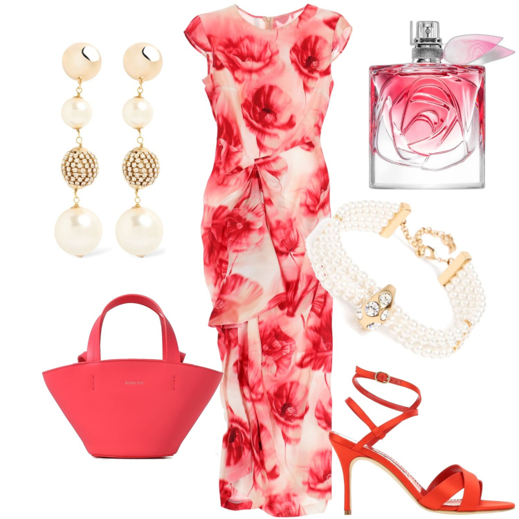 Outfit donna - Chic. Stile Chic per Cerimonia. Abbinamento con profumi, vestiti lunghi, sandali col tacco, orecchini, collane, borse a spalla.