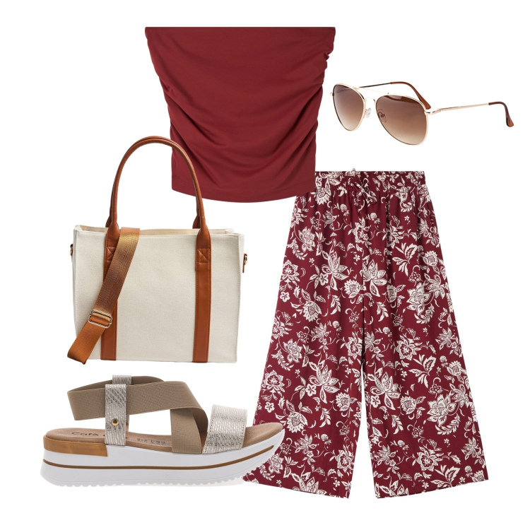Outfit donna - Strapless. Stile Bon Ton per Tutti i giorni. Abbinamento con occhiali da sole, top, pantaloni a palazzo, shopping bag, sandali.