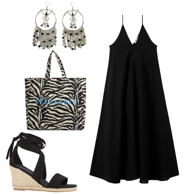 Outfit donna - Per l\'apericena. Stile Chic per Serata fuori. Abbinamento con sandali, borse tote, vestiti lunghi, orecchini.