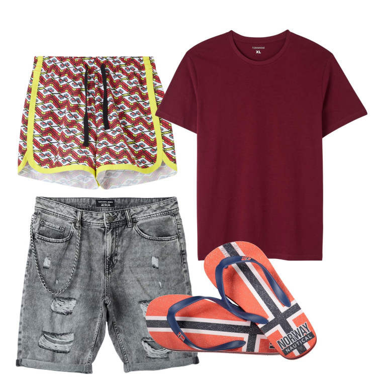Outfit uomo - Mare. Stile Casual per Mare. Abbinamento con costumi, bermuda, t-shirt, sandali.
