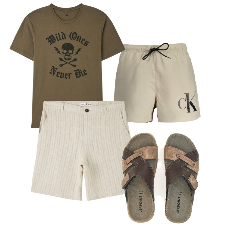 Outfit uomo - Sea. Stile Casual per Mare. Abbinamento con t-shirt, shorts, costumi, sandali.