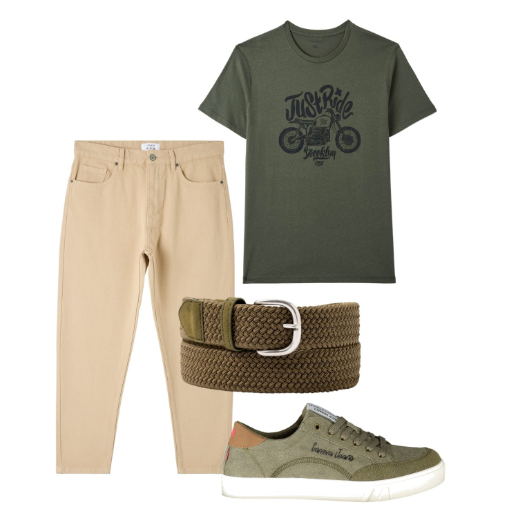 Outfit uomo - Tocco verde. Stile Casual per Tutti i giorni. Abbinamento con pantaloni, t-shirt, sneakers, cinture.