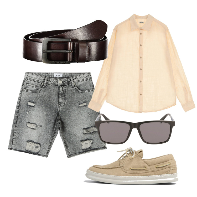 Outfit uomo - City. Stile Urban per Tutti i giorni. Abbinamento con shorts, camicie, cinture, occhiali da sole, scarpe stringate.