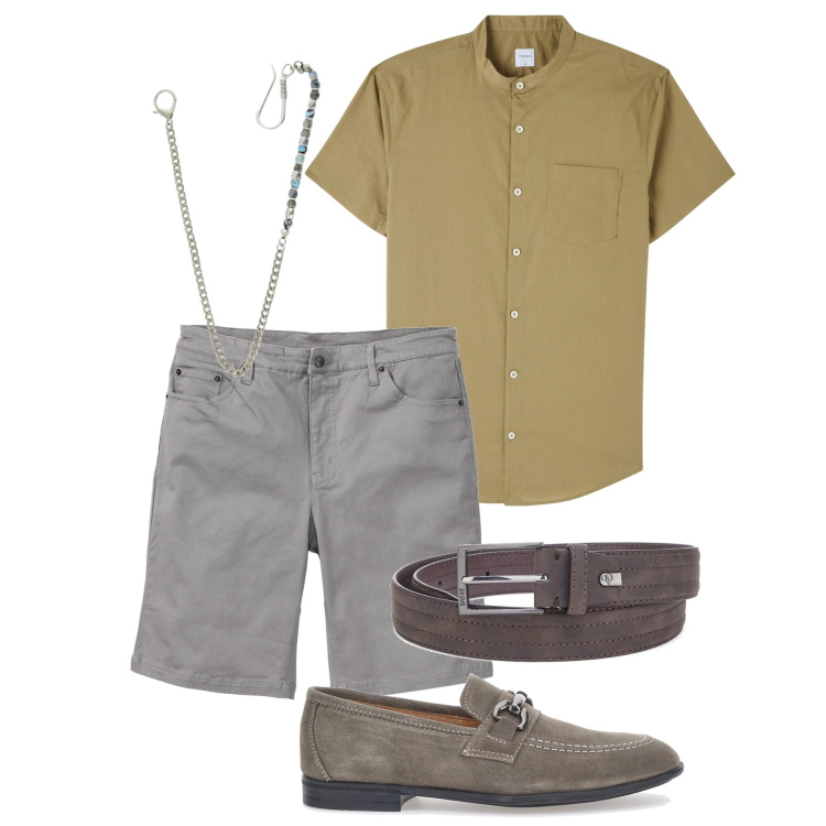Outfit uomo - Passeggiata. Stile Casual per Tutti i giorni. Abbinamento con bermuda, camicie a manica corta, collane, scarpe stringate, cinture.