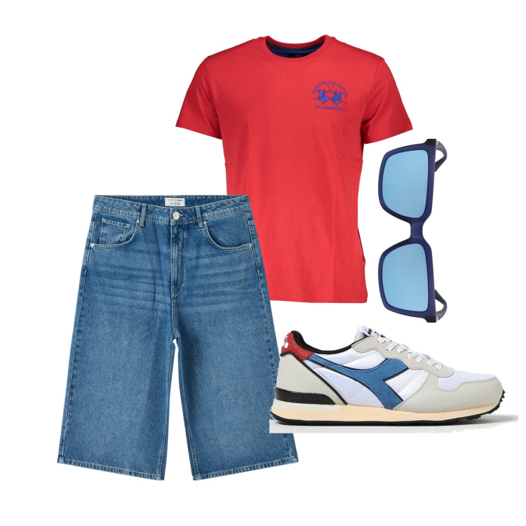 Outfit uomo - Rosso pomodoro. Stile Casual per Tutti i giorni. Abbinamento con pantaloni corti, t-shirt, sneakers, occhiali da sole.