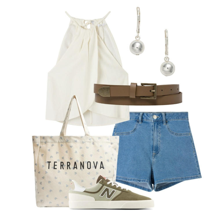 Outfit donna - Ghost outfitter - giugno. Stile Basic per Tutti i giorni. Abbinamento con shopping bag, top, shorts, sneakers, orecchini, cinture.