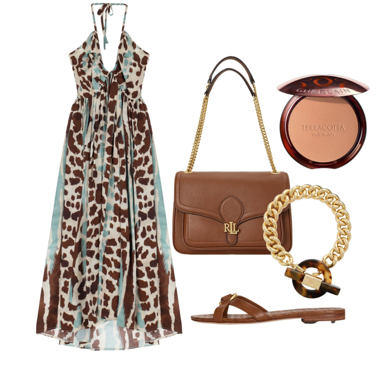 Outfit donna - Ghost outfitter - giugno. Stile Trendy per Tutti i giorni. Abbinamento con terre, vestiti midi/longuette, borse a spalla, braccialetti, ciabatte.