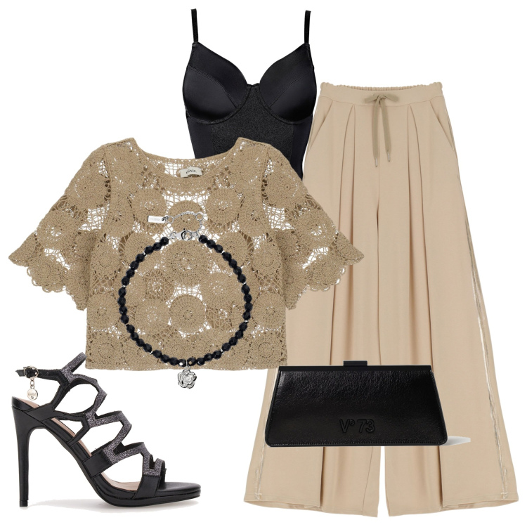 Outfit donna - Serata speciale. Stile Casual chic per Serata fuori. Abbinamento con body, braccialetti, maglieria, pantaloni a palazzo, clutch, sandali col tacco.