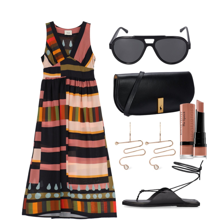 Outfit donna - Ghost outfitter - giugno. Stile Boho per Tutti i giorni. Abbinamento con rossetti, vestiti lunghi, clutch, orecchini, occhiali da sole, sandali in pelle.