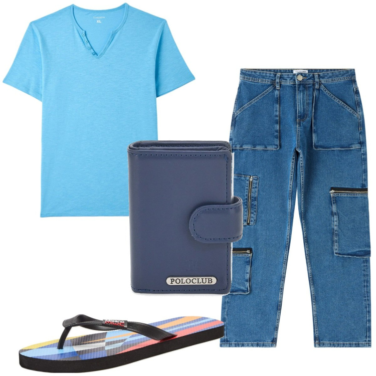 Outfit uomo - Total look #1900414. Stile Trendy per Tutti i giorni. Abbinamento con jeans, sandali, t-shirt, portafogli.