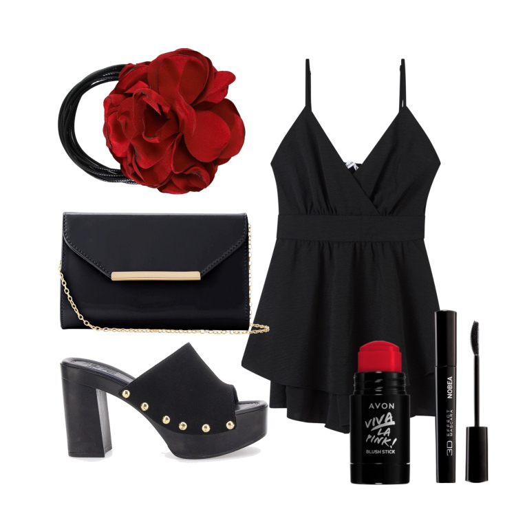 Outfit donna - Ghost outfitter - giugno. Stile Sexy per Serata fuori. Abbinamento con pochette, mascara, blush, tuta corta, collane, zoccoli.