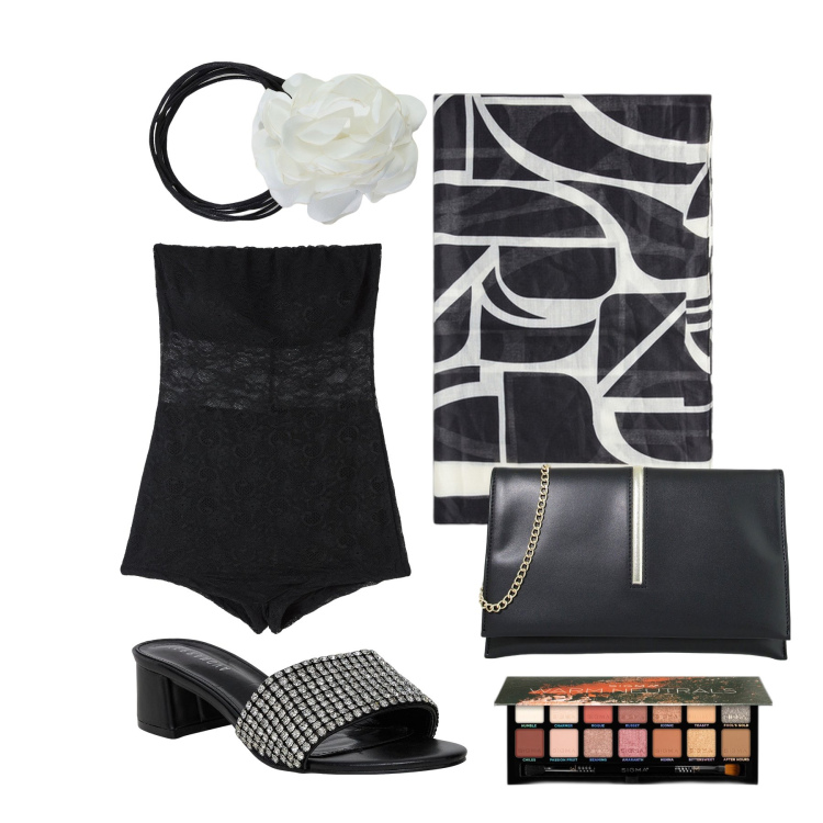 Outfit donna - Ghost outfitter - giugno. Stile Sexy per Serata fuori. Abbinamento con ombretti, tuta corta, ciabatte, pochette, collane, foulard.