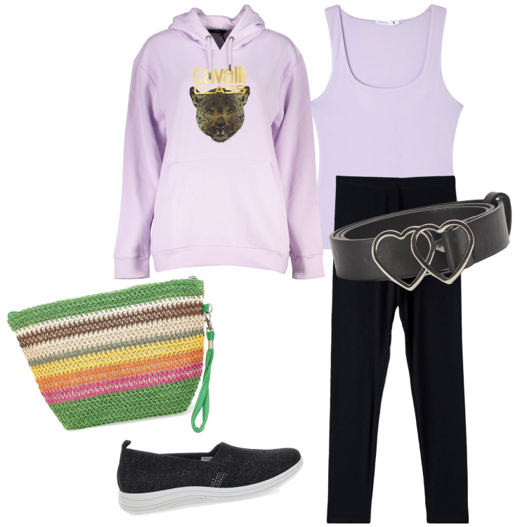 Outfit donna - Mattina freschina. Stile Casual per Tutti i giorni. Abbinamento con canottiere, leggings, cinture, borse a mano, felpe con cappuccio, ballerine.
