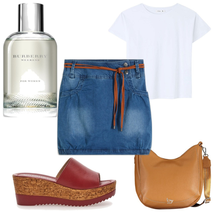 Outfit donna - Total look #1900447. Stile Trendy per Tutti i giorni. Abbinamento con minigonne, profumi, t-shirt, ciabatte, borse a spalla.
