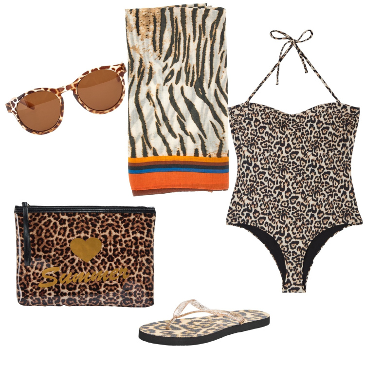 Outfit donna - Evviva l animalier. Stile Glamour per Mare. Abbinamento con costumi interi, infradito, costumi, vestiti da spiaggia, occhiali da sole.