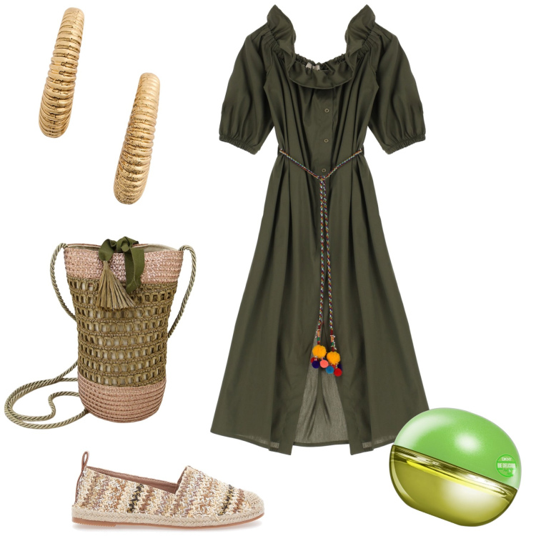 Outfit donna - L abito etnico. Stile Etnico per Tutti i giorni. Abbinamento con profumi, vestiti midi/longuette, borse a secchiello, orecchini, espadrillas.