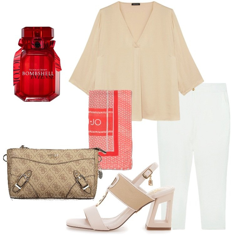 Outfit donna - Casual Chic tutto il giorno. Stile Casual chic per Tutti i giorni. Abbinamento con profumi, bluse, sandali col tacco, pantaloni, borse a tracolla, sciarpe.