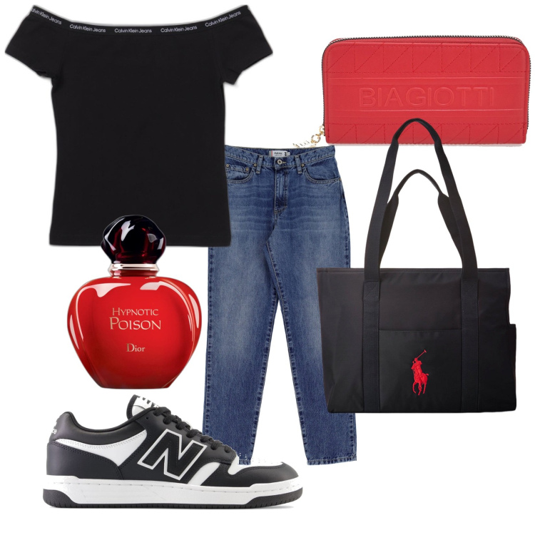 Outfit donna - Total look #1900463. Stile Casual per Tutti i giorni. Abbinamento con profumi, jeans slim fit, sneakers, borse tote, top, portafogli.