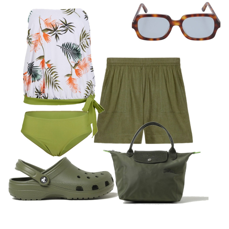 Outfit donna - Mare. Stile Glamour per Mare. Abbinamento con costumi interi, pantaloni corti, occhiali da sole, sandali, borse a mano.