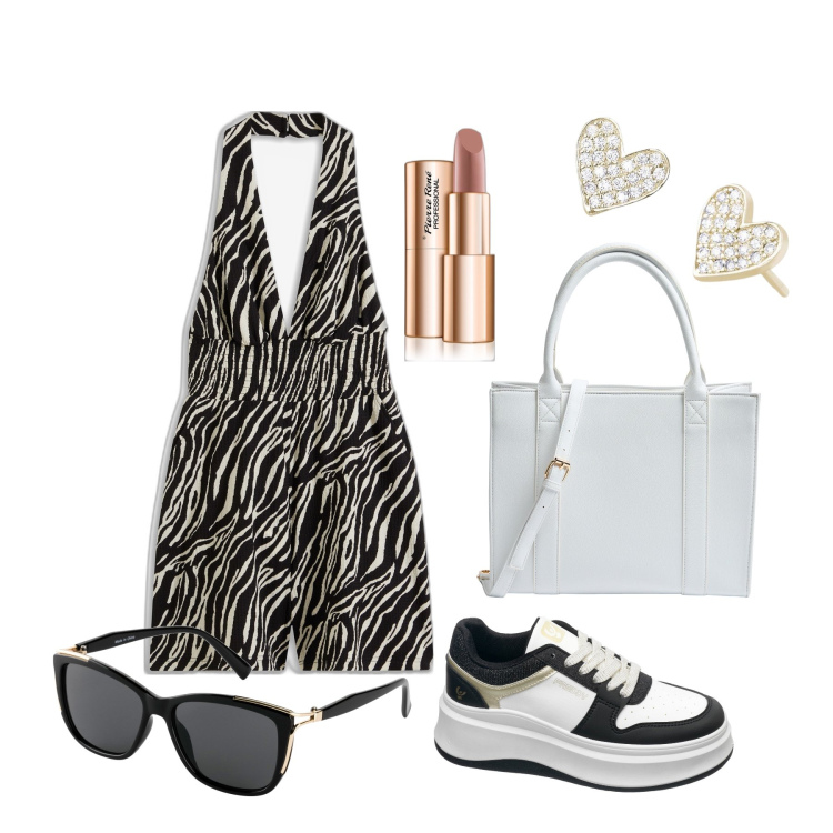 Outfit donna - Ghost outfitter - giugno. Stile Glamour per Tutti i giorni. Abbinamento con tute, occhiali da sole, rossetti, shopping bag, orecchini, sneakers.