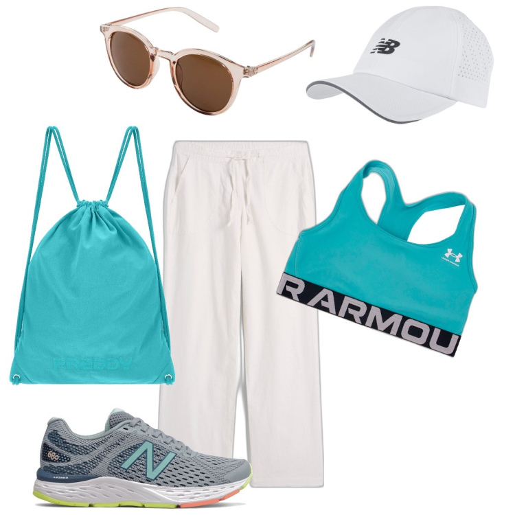 Outfit donna - Sportiva. Stile Casual per Tutti i giorni. Abbinamento con pantaloni a palazzo, occhiali da sole, sneakers, cappelli, zaini, top.