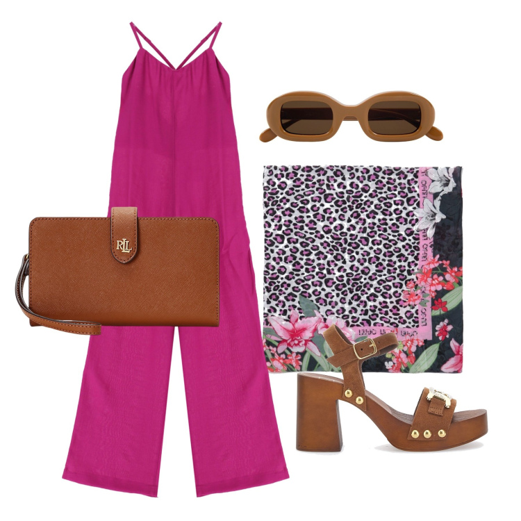 Outfit donna - Ghost outfitter - giugno. Stile Glamour per Tutti i giorni. Abbinamento con tute, pochette, zoccoli, sciarpe, occhiali da sole.