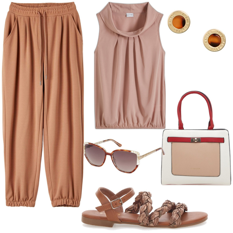 Outfit donna - Gli orecchini Lauren. Stile Casual per Ufficio. Abbinamento con top, pantaloni, orecchini, sandali, occhiali da sole, borse a spalla.
