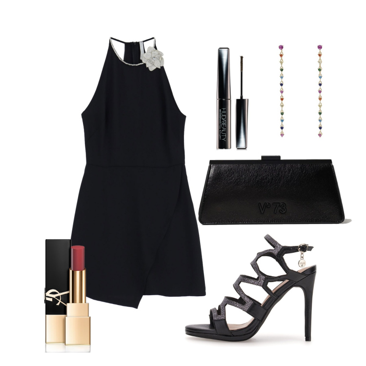 Outfit donna - Ghost outfitter - giugno. Stile Glamour per Serata fuori. Abbinamento con rossetti, mascara, orecchini, vestiti corti, sandali col tacco, clutch.